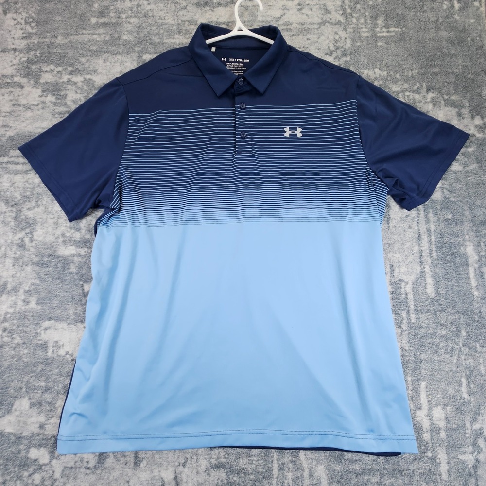 Under Armour Playoff Polo Shirt Mens Size XXL Blue Striped Short Sleeve Stretch